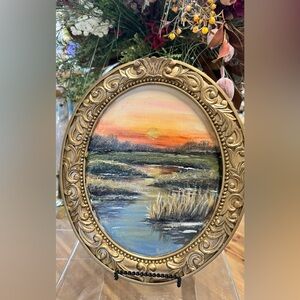 Sunset Landscape Oval Art in Ornate Gold Frame